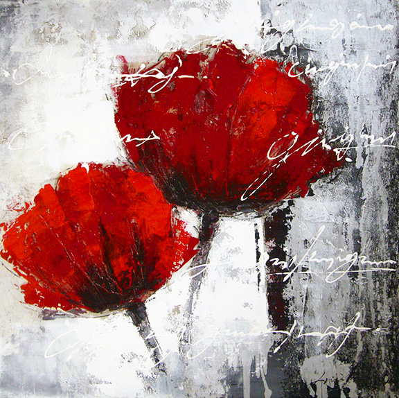 HA014 Wall décor art oil on canvas floral poppies red tones